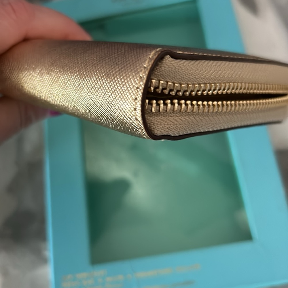 Kate Spade Gold Saffiano Leather Zip Around Wristlet Wallet Storybook Lining NIB - Picture 11 of 16